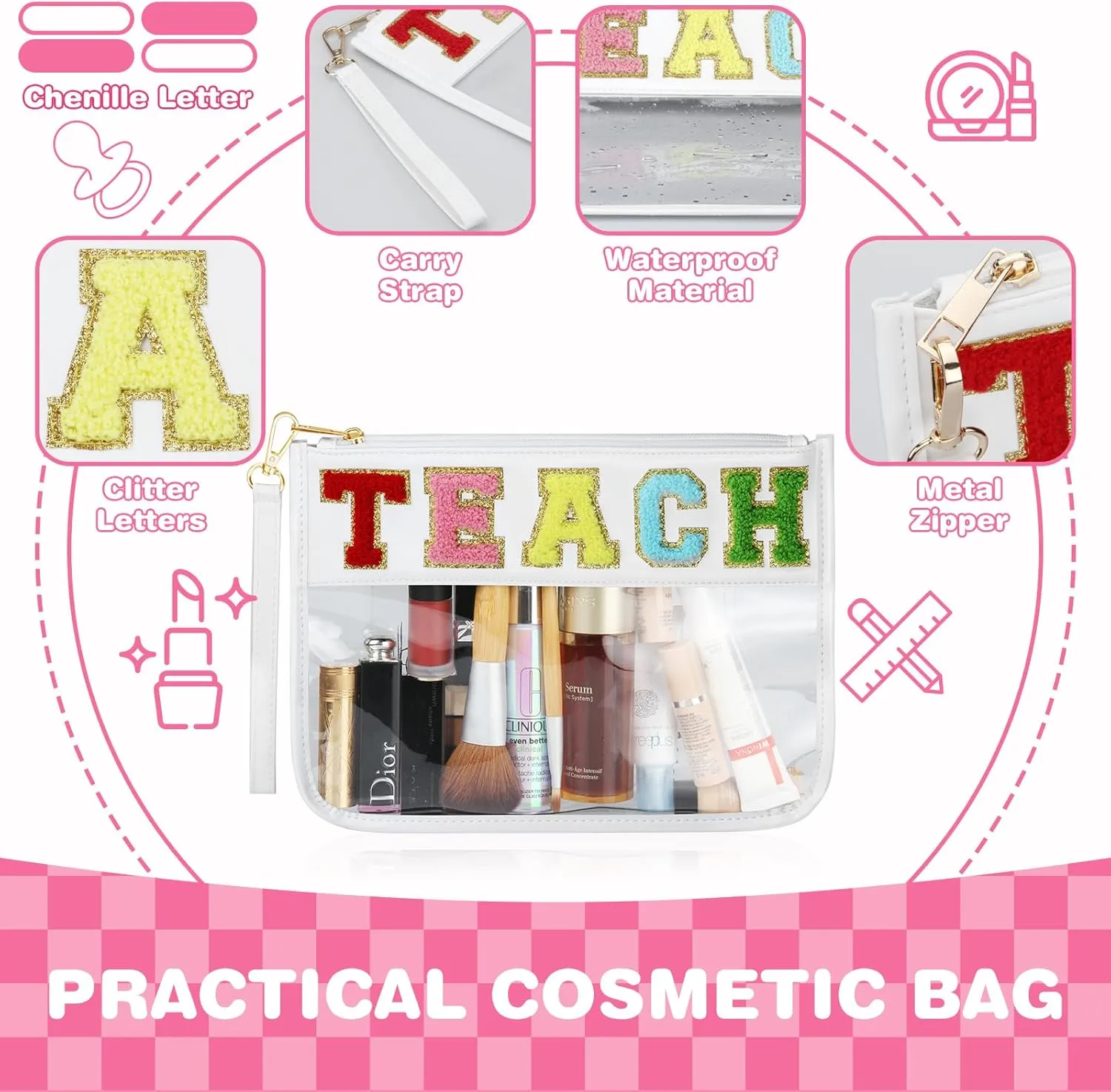 Teacher Appreciation Gifts, Clear Chenille Varsity Letter Flat Teach Pouch with Zipper, Waterproof PVC&PU Preppy Patch Travel Makeup Cosmetic tote Bags Graduation Retirement Teacher Gifts for Women
