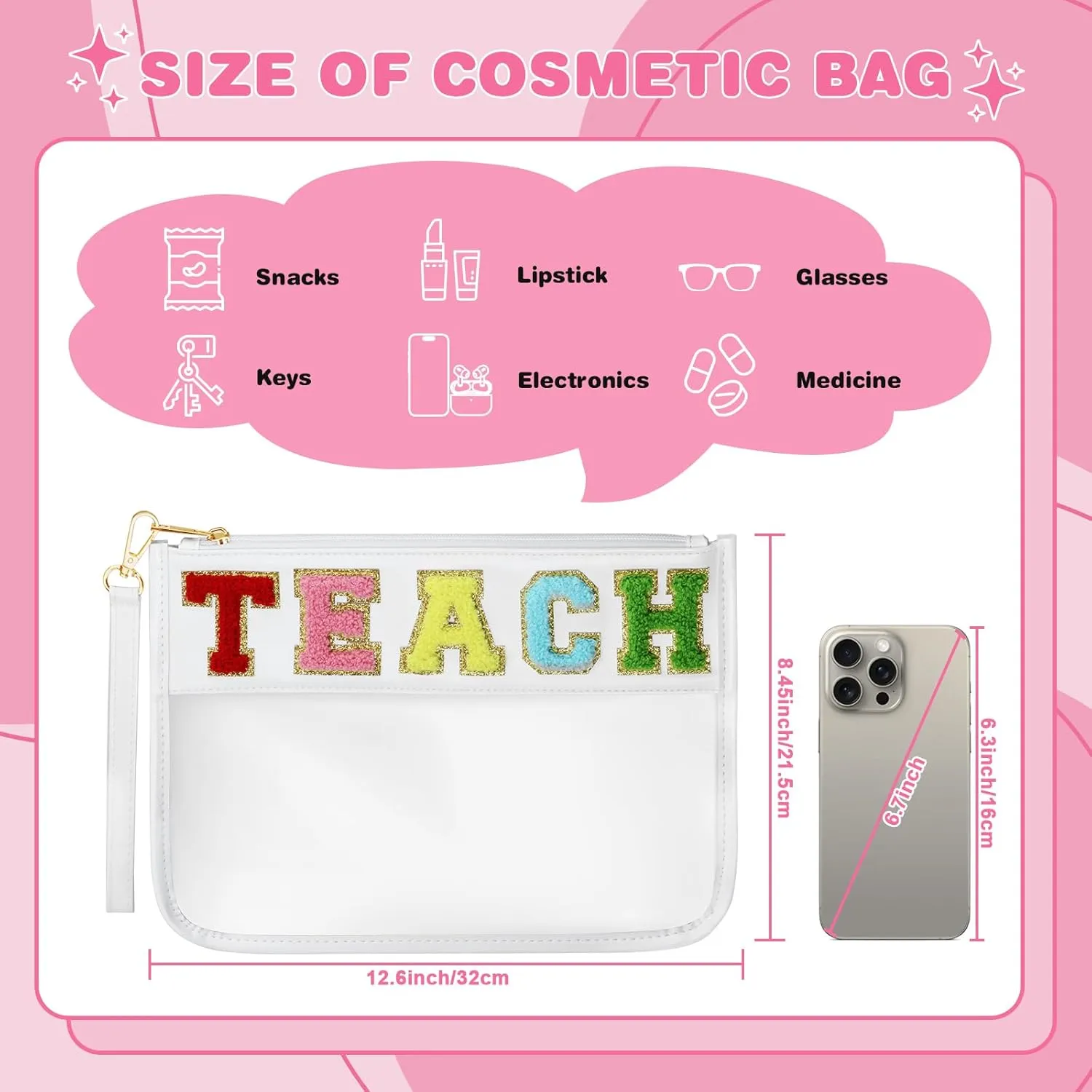 Teacher Appreciation Gifts, Clear Chenille Varsity Letter Flat Teach Pouch with Zipper, Waterproof PVC&PU Preppy Patch Travel Makeup Cosmetic tote Bags Graduation Retirement Teacher Gifts for Women