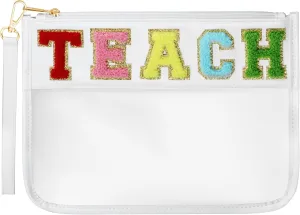 Teacher Appreciation Gifts, Clear Chenille Varsity Letter Flat Teach Pouch with Zipper, Waterproof PVC&PU Preppy Patch Travel Makeup Cosmetic tote Bags Graduation Retirement Teacher Gifts for Women