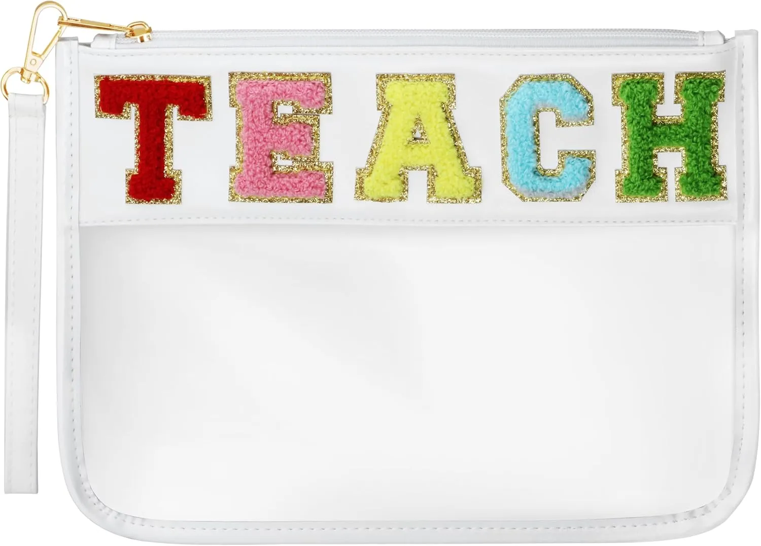 Teacher Appreciation Gifts, Clear Chenille Varsity Letter Flat Teach Pouch with Zipper, Waterproof PVC&PU Preppy Patch Travel Makeup Cosmetic tote Bags Graduation Retirement Teacher Gifts for Women
