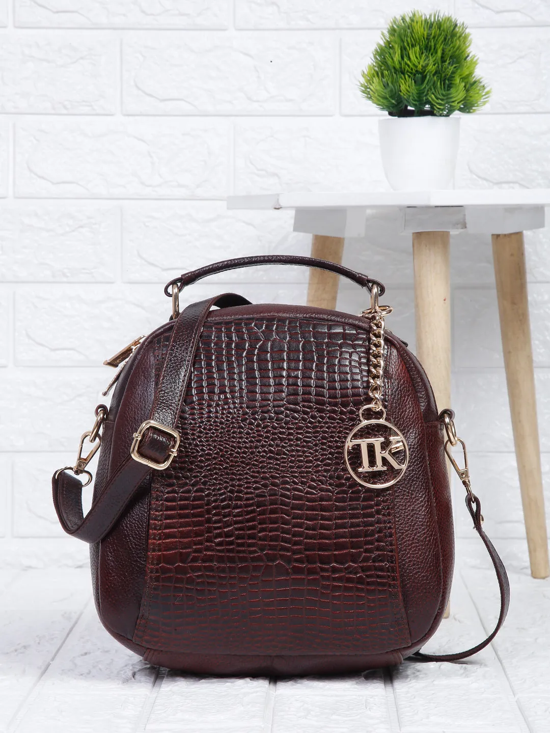 Teakwood Leathers Solid Textured Backpack cum Side Bag (2 in 1)