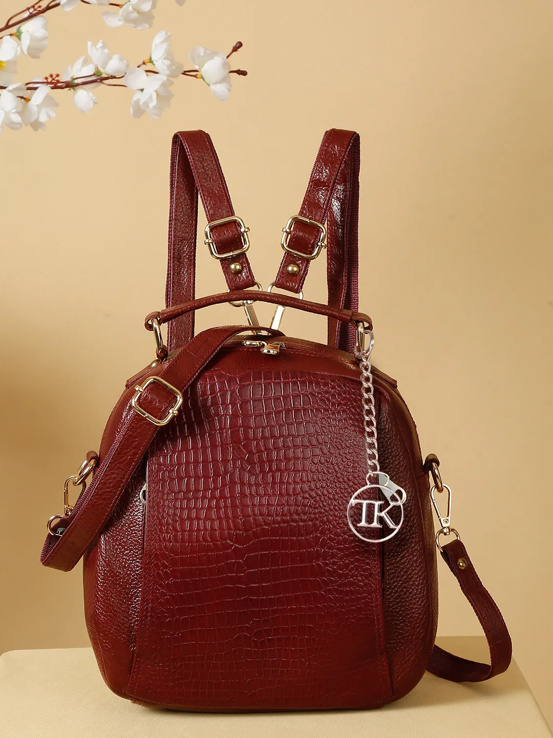 Teakwood Leathers Solid Textured Backpack cum Side Bag (2 in 1)