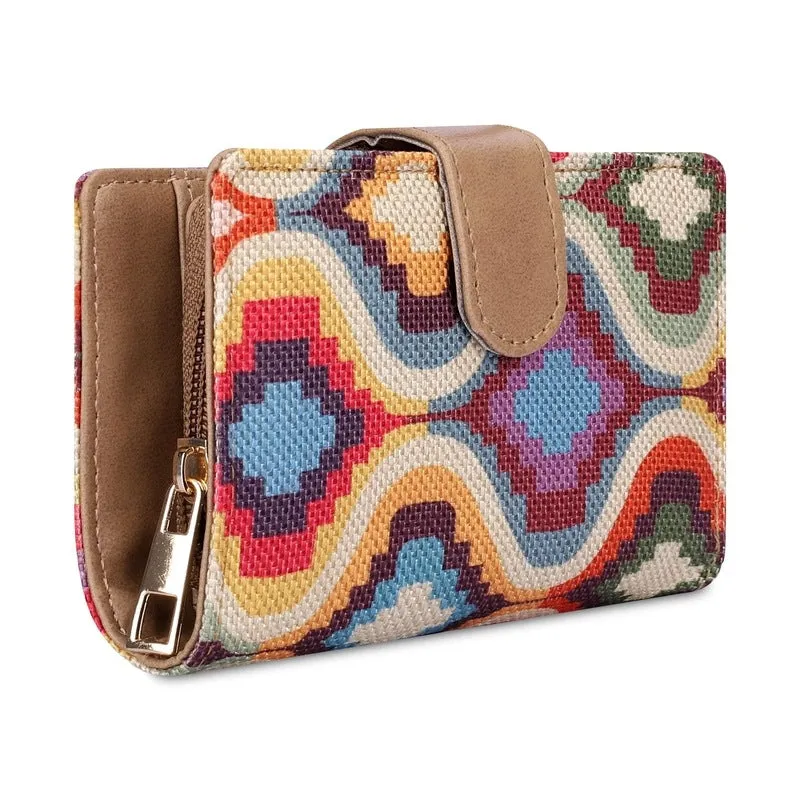 THE CLOWNFISH Fab Series Printed Handicraft Fabric & Vegan Leather Ladies Wallet Clutch Purse for Women Girls with Multiple Compartments (Multicolour-Design)