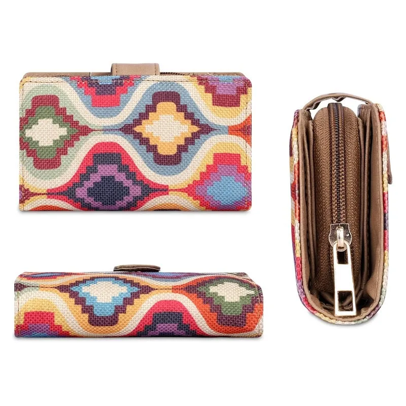 THE CLOWNFISH Fab Series Printed Handicraft Fabric & Vegan Leather Ladies Wallet Clutch Purse for Women Girls with Multiple Compartments (Multicolour-Design)