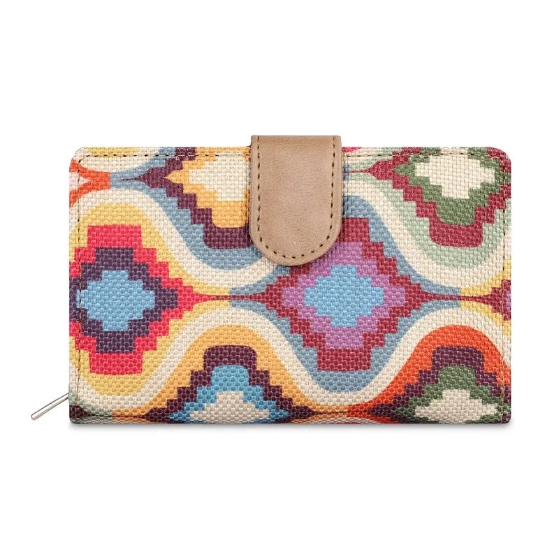 THE CLOWNFISH Fab Series Printed Handicraft Fabric & Vegan Leather Ladies Wallet Clutch Purse for Women Girls with Multiple Compartments (Multicolour-Design)