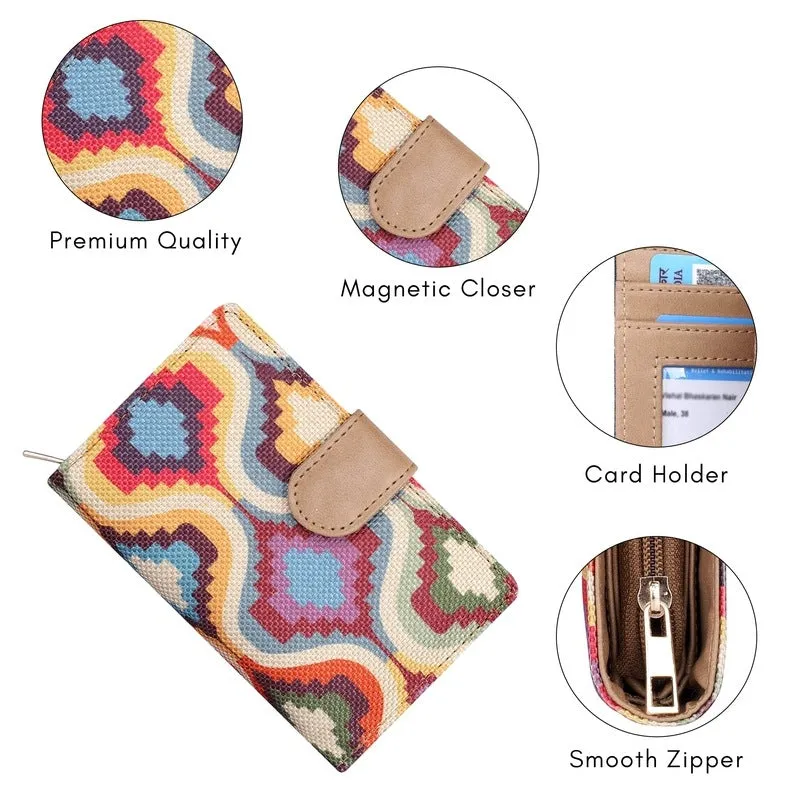 THE CLOWNFISH Fab Series Printed Handicraft Fabric & Vegan Leather Ladies Wallet Clutch Purse for Women Girls with Multiple Compartments (Multicolour-Design)