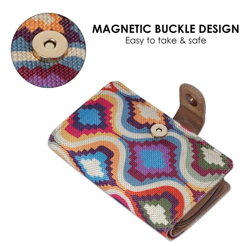 THE CLOWNFISH Fab Series Printed Handicraft Fabric & Vegan Leather Ladies Wallet Clutch Purse for Women Girls with Multiple Compartments (Multicolour-Design)