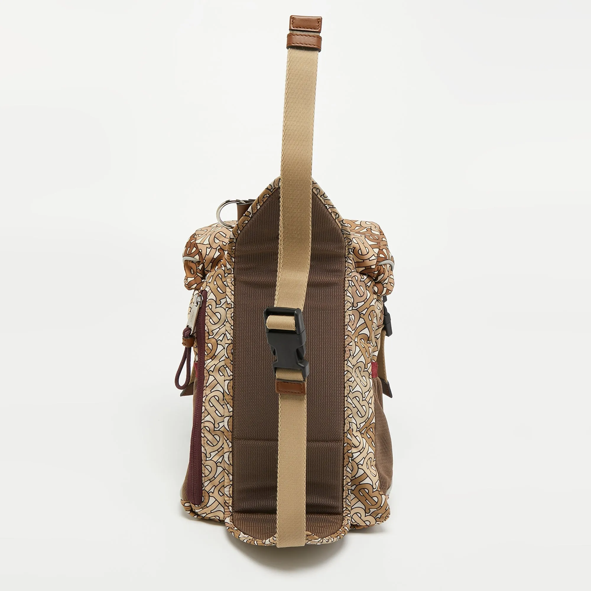 Trendy Inspired Burberry Brown Tb Monogram Nylon And Mesh Leo Sling Bag