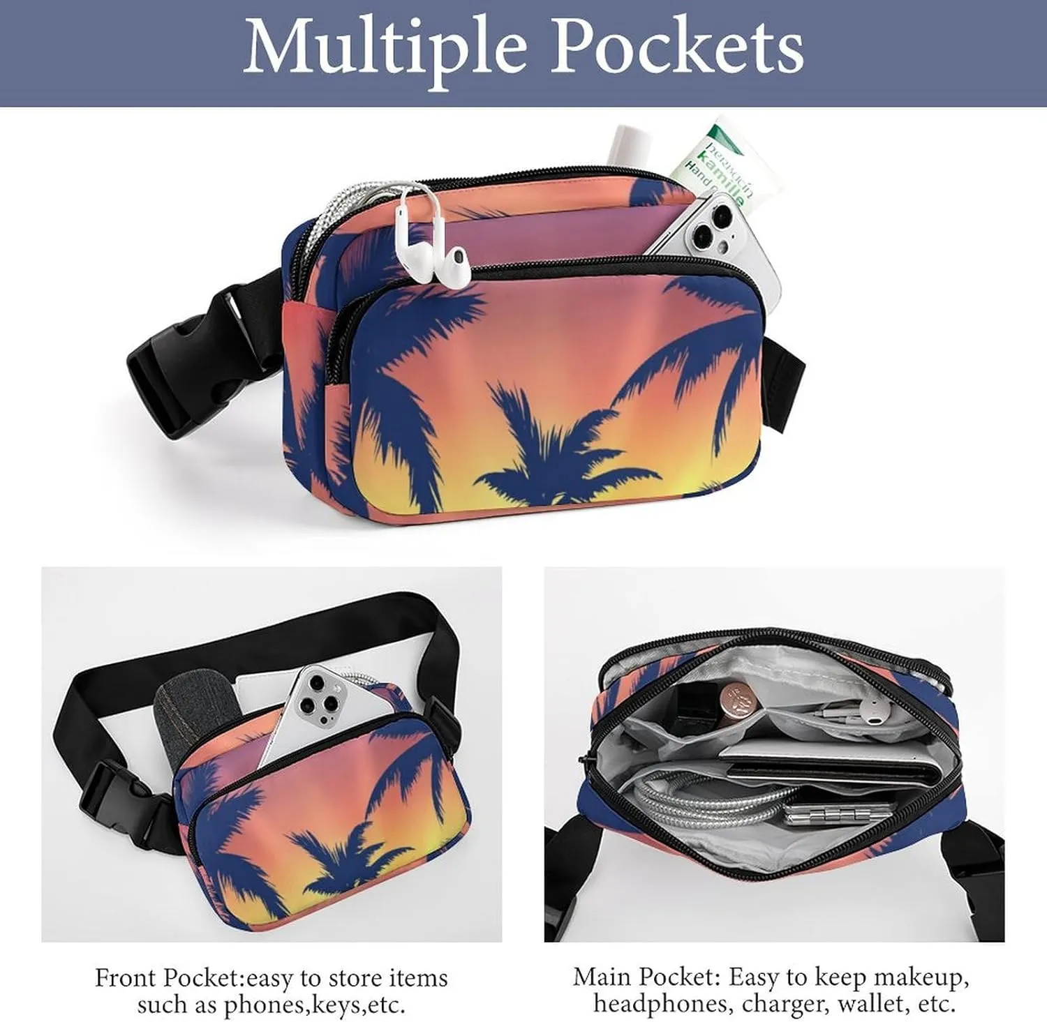 Tropical Tropical Trees Fanny Pack Belt Bag with Adjustable Strap Sunset Waist Packs Small Pouch Crossbody Bags for Hiking Running Cycling Traveling