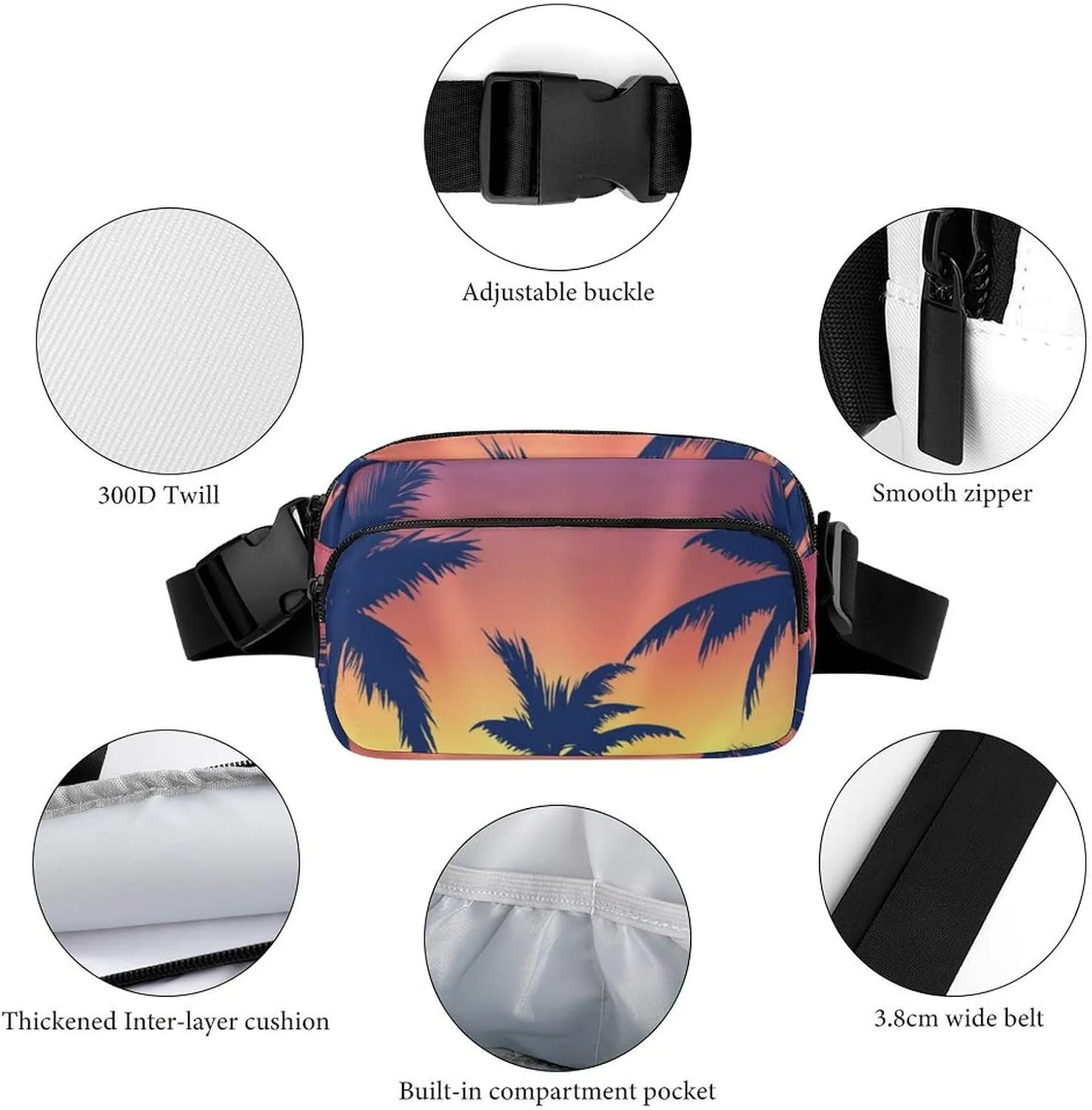 Tropical Tropical Trees Fanny Pack Belt Bag with Adjustable Strap Sunset Waist Packs Small Pouch Crossbody Bags for Hiking Running Cycling Traveling