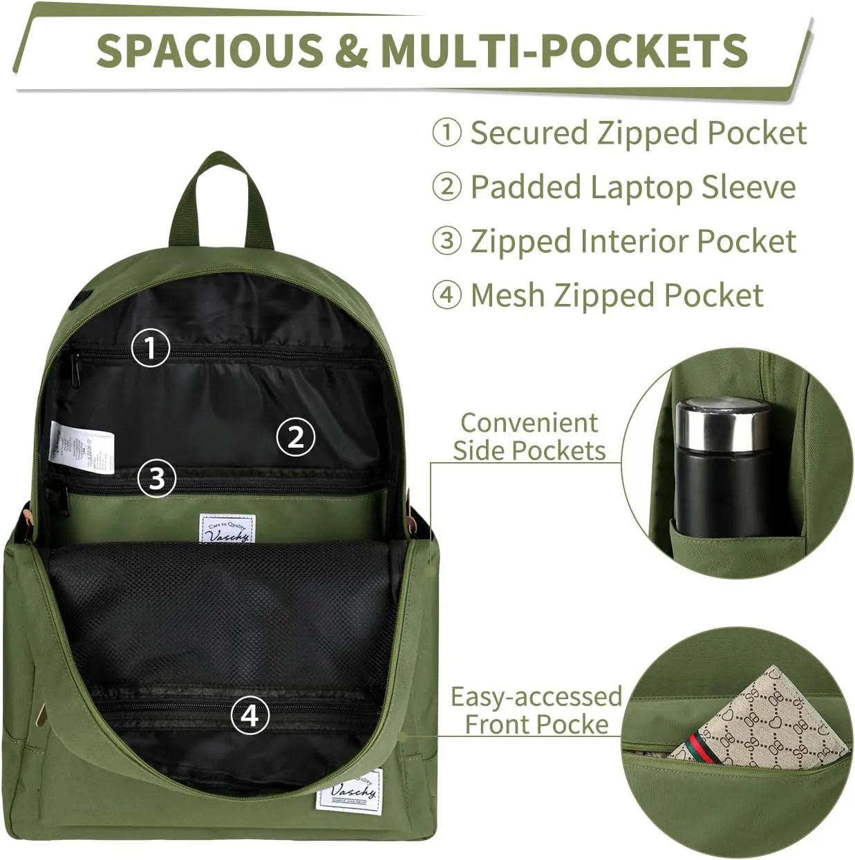VASCHY School Backpack, Unisex Slim Lightweight Water-resistant Backpack for Men Women College Schoolbag Travel Bookbag