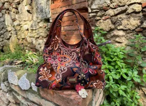 Vintage COCCINELLE Bag 2000s. Orange floral shoulder western bag, Festival handbag for woman.
